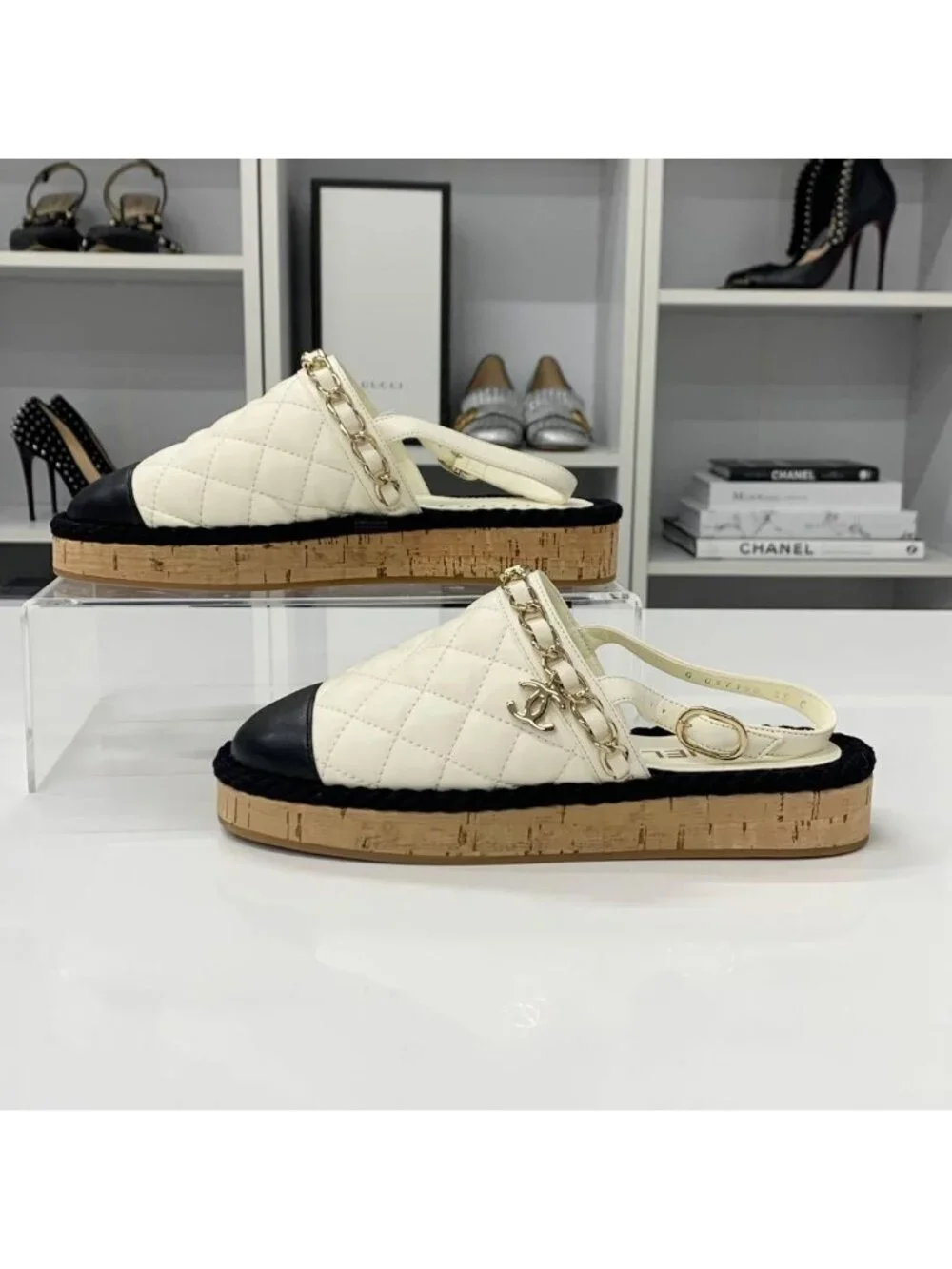 Chanel CC Logo Quilted Chain Leather Cork Sandals